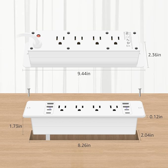 HHSOET 16 in 1 Recessed Power Strip Flat Plug, 30W Fast Charging Furniture Outlet with USB, Conference Recessed Surge Protection with 8 AC Plugs, 4 USB Ports 4 USB-C, 10ft Power Cord.(White)-DeskLoop Office