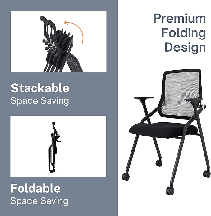 Updated Conference Room Chairs, Folding Office Desk Chair with Lumbar Support and Sliding Armrest with Casters, Stackable Office Guest Chairs & Reception Chairs, 1 Pack Black-DeskLoop Office