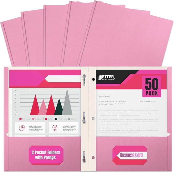 Better Office Products Pink Paper 2 Pocket Folders by BetterOfficeProducts