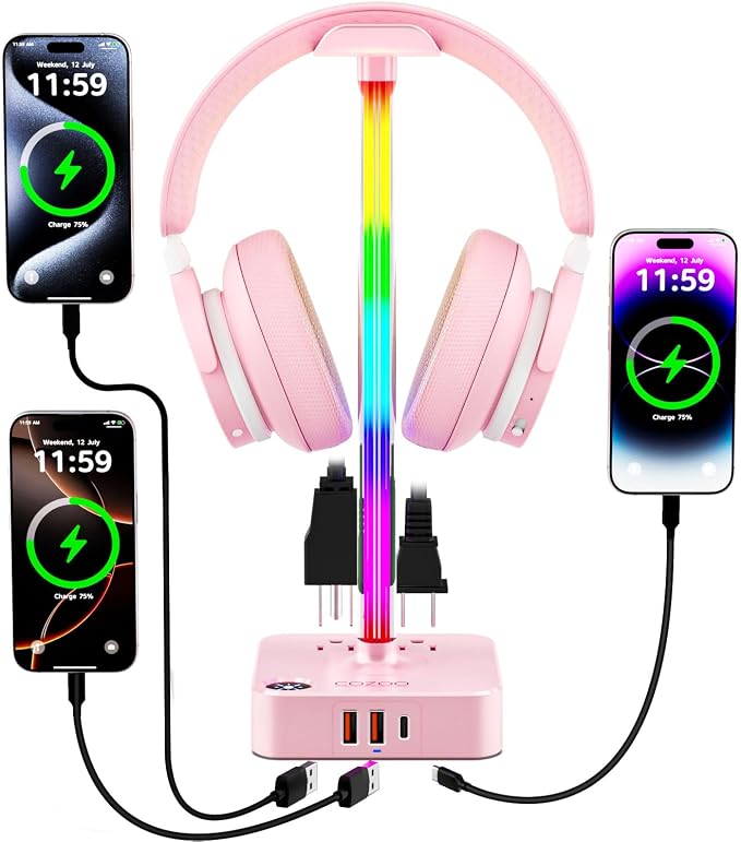 cozoo Gifts for Teen Girls Cute Pink RGB Headphone Stand & Charging Station - Image 8