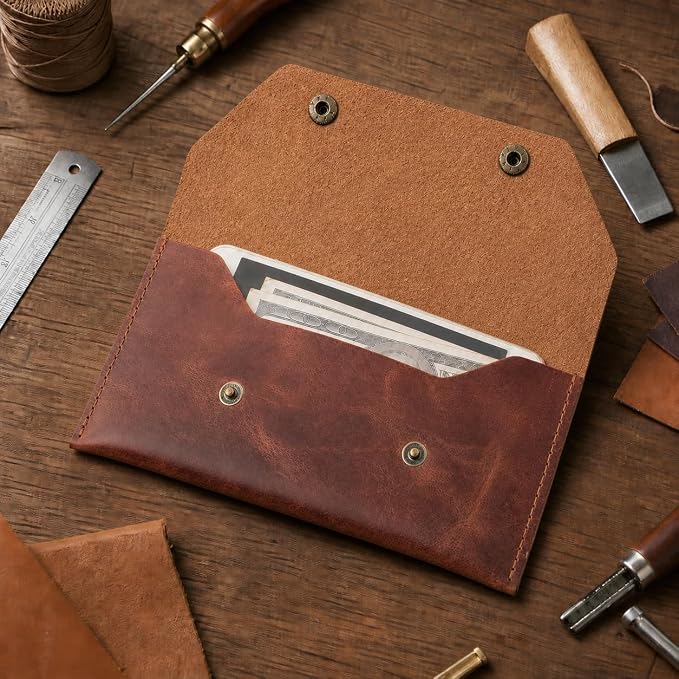Genuine Leather Cash Envelope Wallet, Two Snap Money Pouch - Image 4