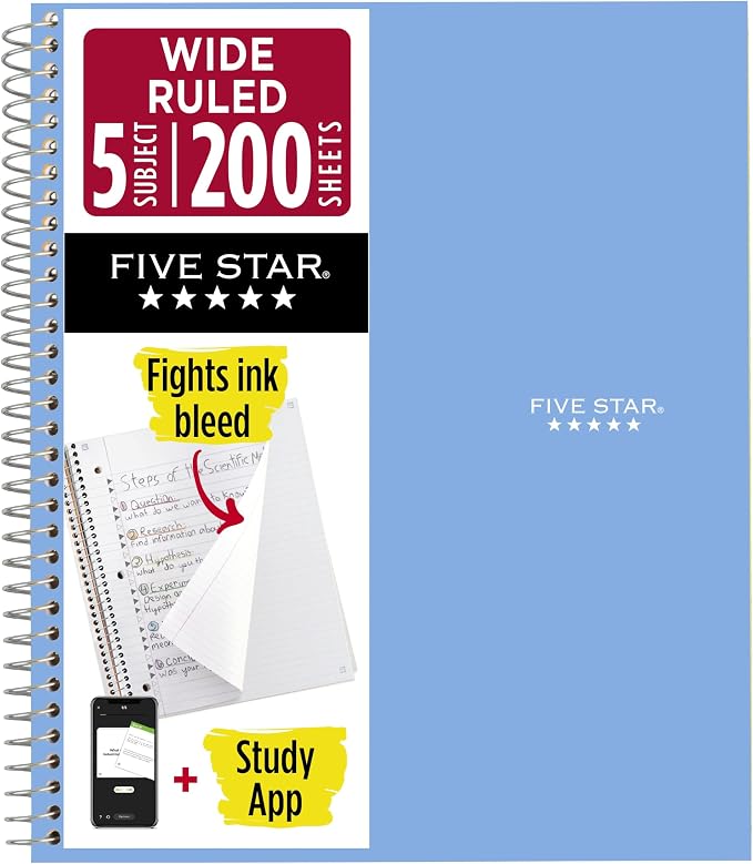 Five Star Spiral Notebook + Study App, 5 Subject, Wide Ruled Paper, 200 Sheets by FiveStar