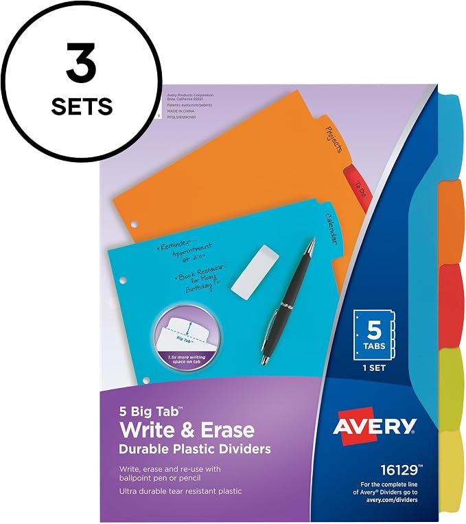 Avery Big Tab Write & Erase Durable Plastic Dividers, 5-Tab Set, 3 Sets - Image 9