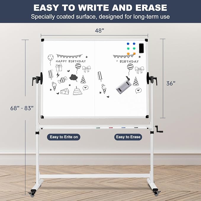 TANKEE Mobile Whiteboard 48 X 36 Inches Height Adjustable Large Standing White - Image 6