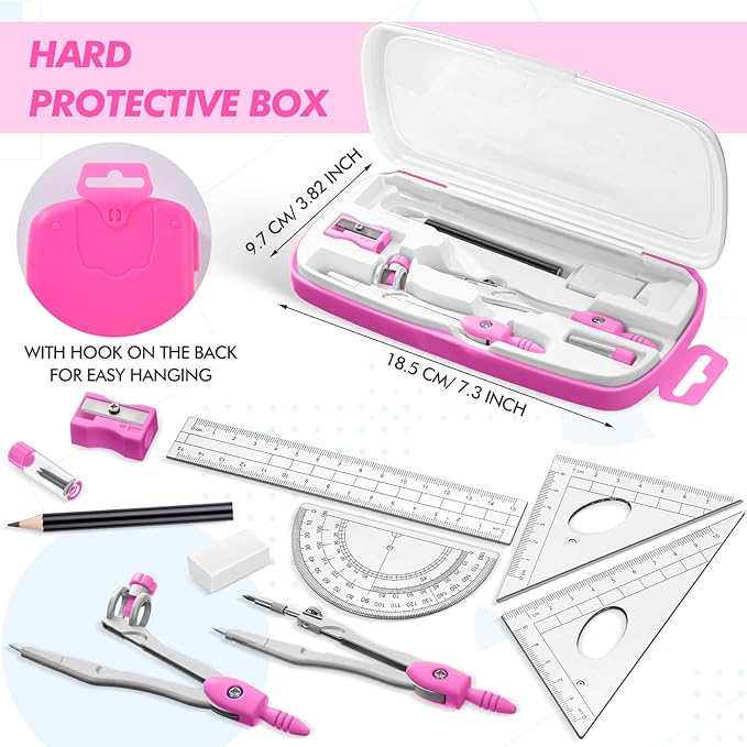 Zonon Math Geometry Set 10 Pcs Student Supplies with Shatterproof Storage Box, Includes Rulers Protractor Compass Pencil Sharpener Lead Refills Eraser Pencil for Drafting and Drawings(Pink)-DeskLoop Office