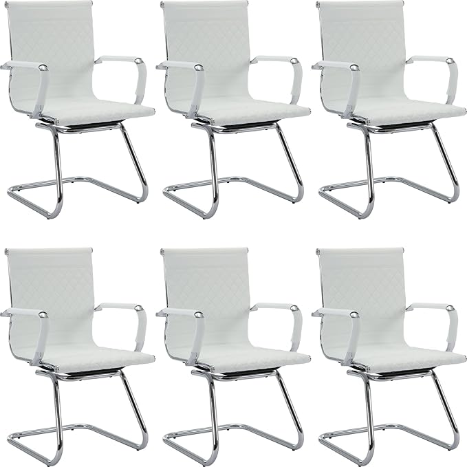Office Guest Chairs - Set of 6 Modern PU Leather Desk Chairs for Reception, Waiting, and Conference Rooms - Mid Back, White-DeskLoop Office