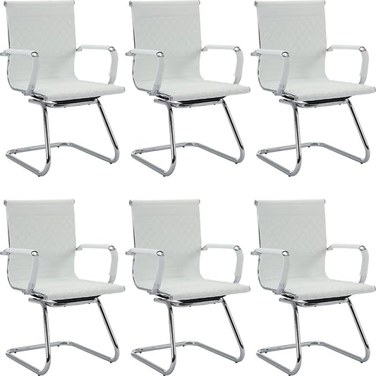 Office Guest Chairs - Set of 6 Modern PU Leather Desk Chairs for Reception, Waiting, and Conference Rooms - Mid Back, White-DeskLoop Office
