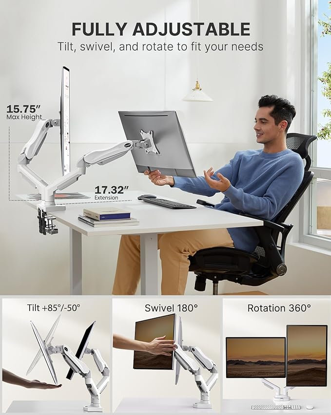 HUANUO Dual Monitor Stand - Full Adjustable Monitor Desk Mount Swivel Vesa Bracket with C Clamp, Grommet Mounting Base for 13 to 32 Inch Computer Screens - Each Arm Holds 4.4 to 19.8lbs - White-DeskLoop Office