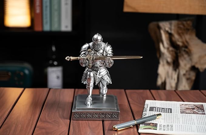 Medieval Armored Warrior Knight Pen Holder Desk Organizers and Accessories Resin Pencil Holder Paperweight as Gift with a Cool Letter Opener for Desk (Silver)-DeskLoop Office