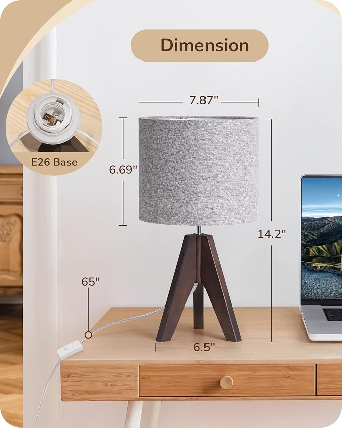 EDISHINE Boho Small Table Lamp, Walnut Color Wooden Tripod Bedside Lamp - Image 5