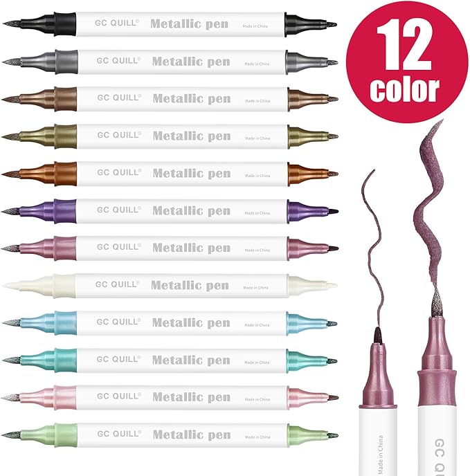 GC QUILL 12 Colors Metallic Marker Pens - Dual Tip Brush and Fine Point Pens for DIY Album, Black Cards, Scrapbooking, Craft Supplies, on Ceramic, Stone, Glass, Fabric GC-MP12-DeskLoop Office