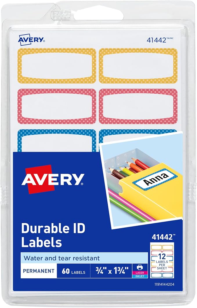 Avery Durable Labels for Kids' Gear, 3/4" x 1-3/4", Water-Resistant Labels by Avery