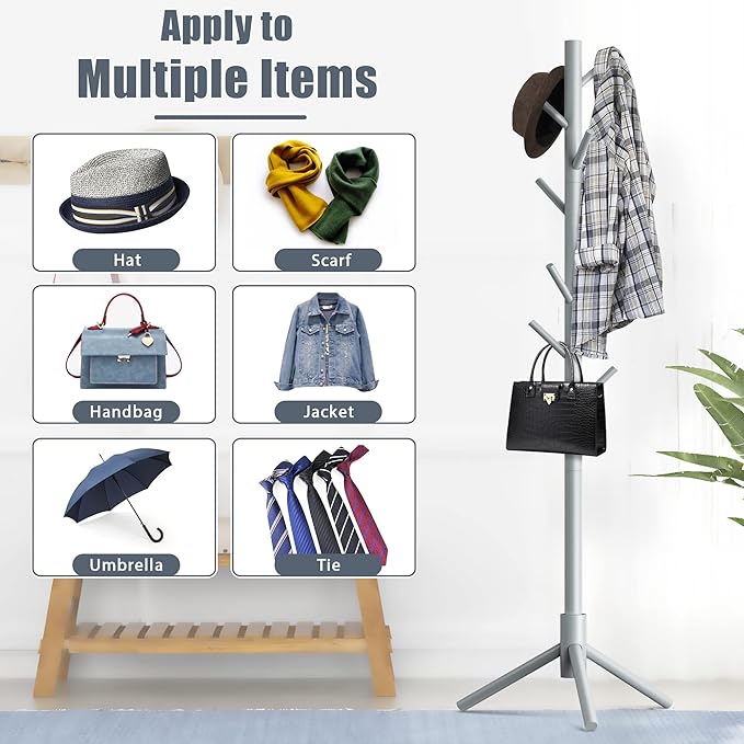Haddockway Wooden Coat Rack Stand with 8 Hooks New Zealand Pine 3 Adjustable Coat Standing Tree Easy Assembly for Coats, Hats, Scarves and Handbags for Entryway, Hallway, Bedroom, Office-DeskLoop Office
