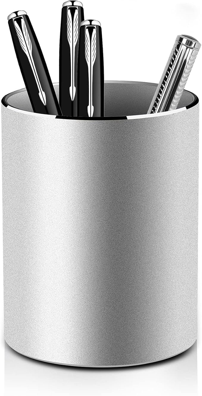 Vaydeer Metal Pen Holder Aluminum Pencil Holder for desk, Round Desktop Organizer and Silver Pencil Cup for Office, School, Home and Stationary Supplies (3.15 x 3.15 x 3.94 Inches)-DeskLoop Office