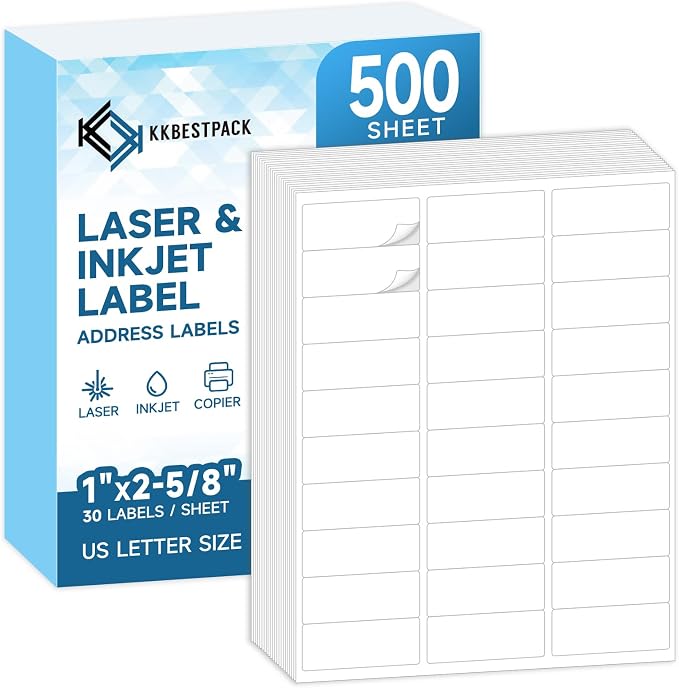 KKBESTPACK 30 Up Shipping Address Labels – 1” x 2-5/8” Self-Adhesive Barcode by KKBESTPACK