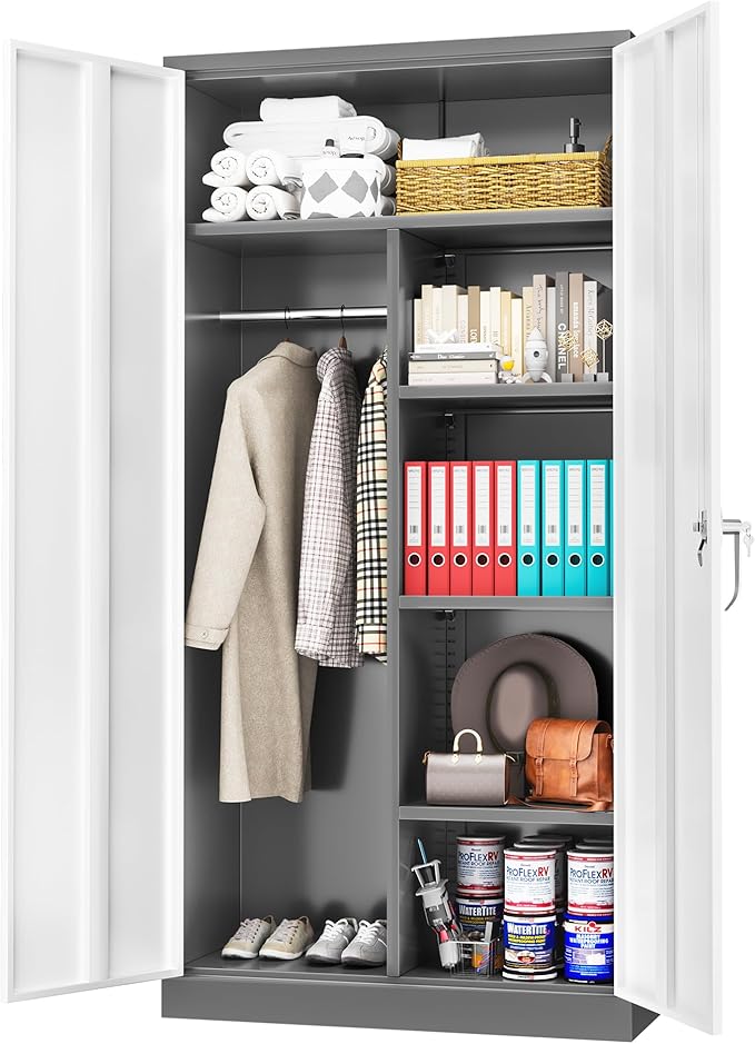 Greenvelly Metal Storage Cabinet with 2 Doors, 72” Steel Storage Wardrobe Cabinet, Employees Locker Closet Clothing Coat Steel Wardrobe Cabinet with Hanging Rod for Garage, Home Office (Grey White)-DeskLoop Office