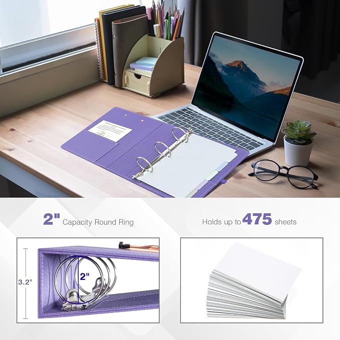 Ospelelf Mini 3 Ring Binder 2 inch Round Ring, 5.5 x 8.5 Purple Clipboard - Image 4