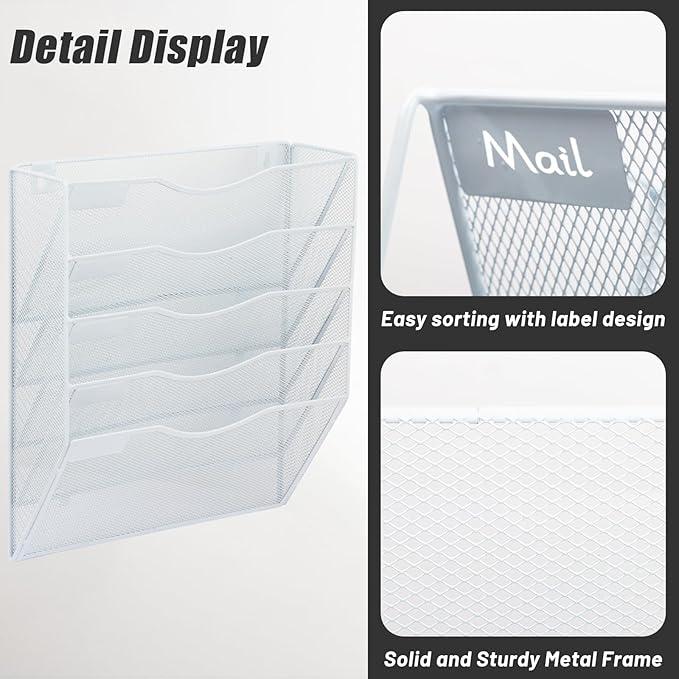 EASEPRES 5 Pocket Mesh Hanging Wall File Organizer, Wall Mounted Mail Paper Document Folder Holder, Clipboard Storage Organization Magazine Rack with Nametag Label for Office Home School, White-DeskLoop Office