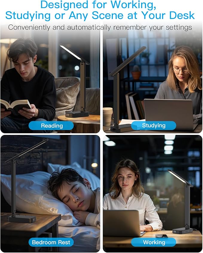 One Beat Desk Lamp with 6 Outlets 4 USB Ports(2×USB-C),Eye Protection Table Lamp Power Strip with 4 Color Modes 5 Brightness Touch LED Desk Lamps for Home Office College Dorm Room Essentials(Black)-DeskLoop Office