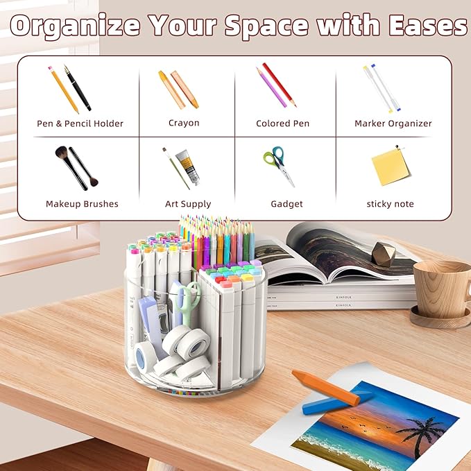 2 Pack Pen Pencil Holder for Kids, Rotating Pen Holder for Desk Organizer, 4 Compartments Art Supply Marker Organizer and Storage, Kids Desk Organizer Marker Holder Caddy Art Supply Organizer for Desk-DeskLoop Office