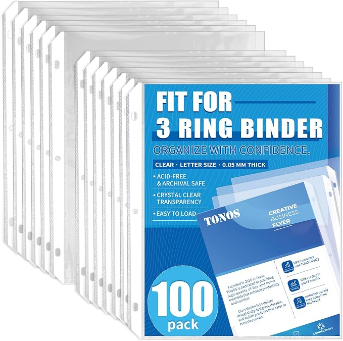100 Pack Sheet Protectors for 3 Ring Binder by TONOS