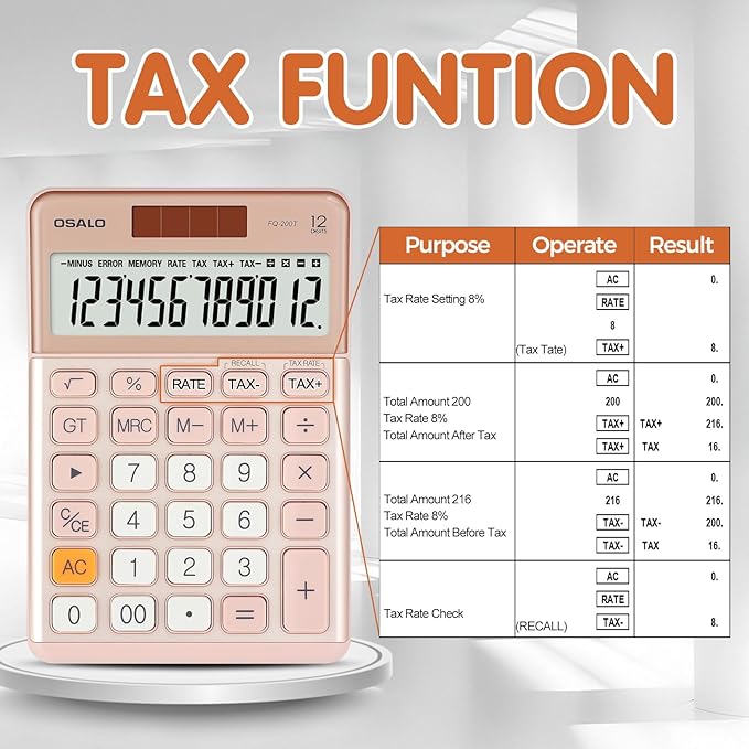 Pendancy Office Small Calculator Desktop with Tax+/- for Tax Calculation, 12 Digit Large LCD Display, Solar Battery Power, Durable Portable Design, Financial Accounting Business Home Use(OS-200T-Pink)-DeskLoop Office