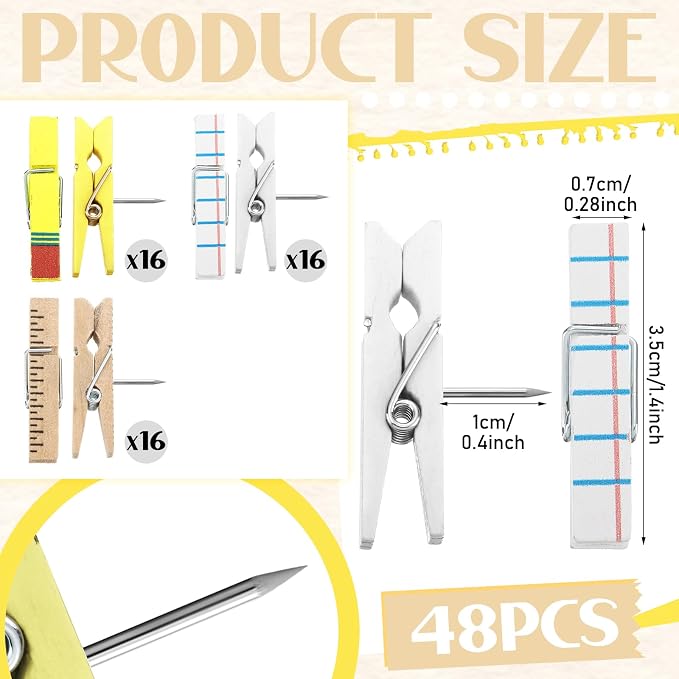 Cinnvoice 48 Pcs Push Pin with Wooden Clips Back to School Classroom Decor Cork - Image 2