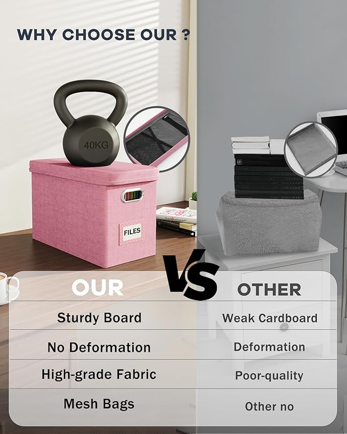 Oterri File Organizer With Lid, Hanging Filing Box With Mesh Pocket, Document Organizer for Letter Files, Portable Storage With Smooth Sliding Rail for Office & Home (2 PCS, Pink)-DeskLoop Office