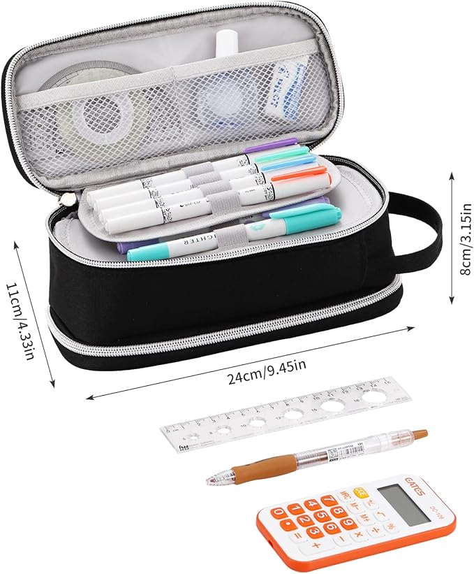 Dugio Big Pencil Case for Boys Teens Kids Zipper Pencil Pouch with Handle Organizer Pencil Bag Aesthetic Pencil Box for School Black-DeskLoop Office