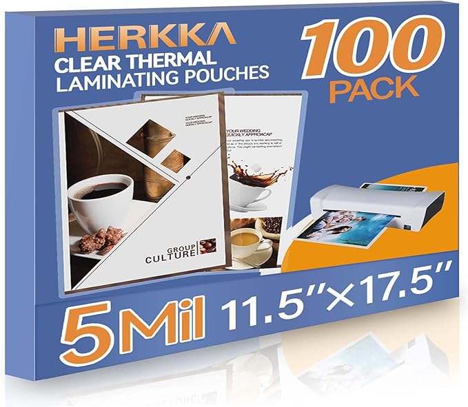 HERKKA 100 Pack Laminating Sheets, Hold 11 x 17 Inch Sheet, 5 Mil Clear Thermal Laminating Pouches 11.5 x 17.5 Inch Lamination Sheet Paper for Laminator, Round Corner-DeskLoop Office