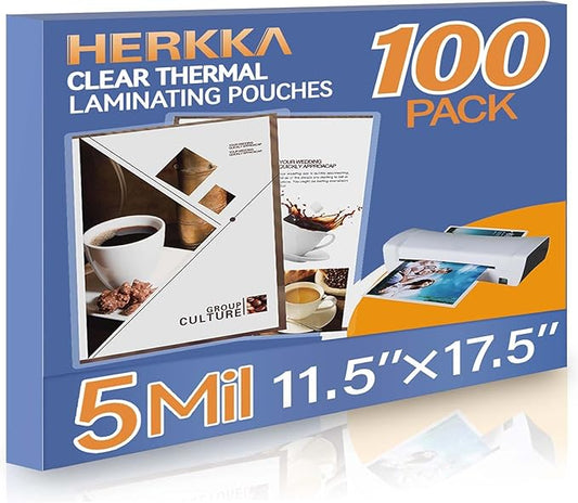 HERKKA 100 Pack Laminating Sheets, Hold 11 x 17 Inch Sheet, 5 Mil Clear Thermal Laminating Pouches 11.5 x 17.5 Inch Lamination Sheet Paper for Laminator, Round Corner-DeskLoop Office