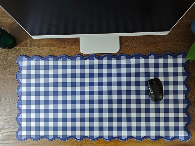Scalloped‌ Checkered Desk Mat Cute Dark Blue XXL Large Gaming Mouse Pad Gingham - Image 6