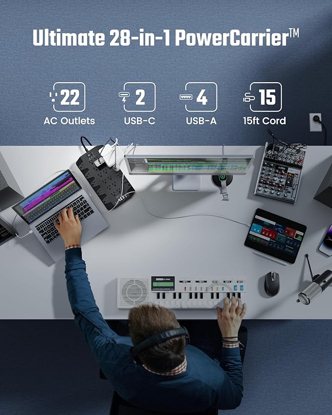 15 Ft Extension Cord Power Strips with Surge Protection, SUPERDANNY Surge Protector with 22 Outlets, 2 USB-C and 4 USB-A, 2100J, 15Ft Flat Plug Heavy Duty Extension Cord (1875W/15A) for Office, School-DeskLoop Office