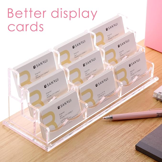 SANRUI Clear Horizontal Business Card Holder Stand for Desk, Acrylic Desktop Display Name Cards Holders Organizer Storage Rack,for Exhibition, Home , Office ,3 Tier 9 Pocket , 540 Card Capacity-DeskLoop Office