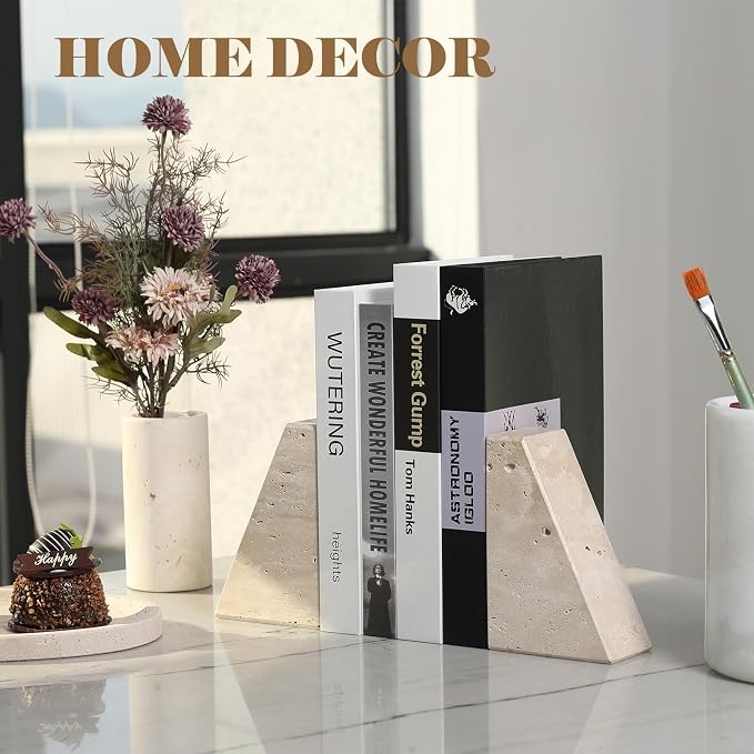 Karibiber Travertine Bookends for Heavy Books, Marble Decorative Bookends for - Image 4