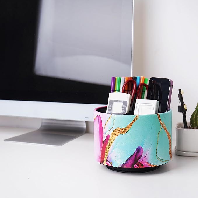 Round Leather Art Supply Organizer,Remote Control Holder,360-degree Rotating Pen Organizer with 4 Compartments(1-Red Green Splash Ink)-DeskLoop Office