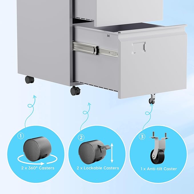2 Drawer Mobile File Cabinet with Lock,Under Desk Metal Filing Cabinets for Home Office Fits Letters/Legal/A4 Size Folder, Assembly Required, White