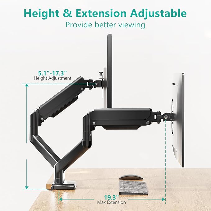 WALI Dual Monitor Stand for 17-32 inch Computer Screens, Dual Monitor Arms for 2 Monitors Holds up to 22 lbs, Height Adjustable Gas Spring Dual Monitors Mount, VESA 75x75/100x100mm (GSMP002N), Black-DeskLoop Office