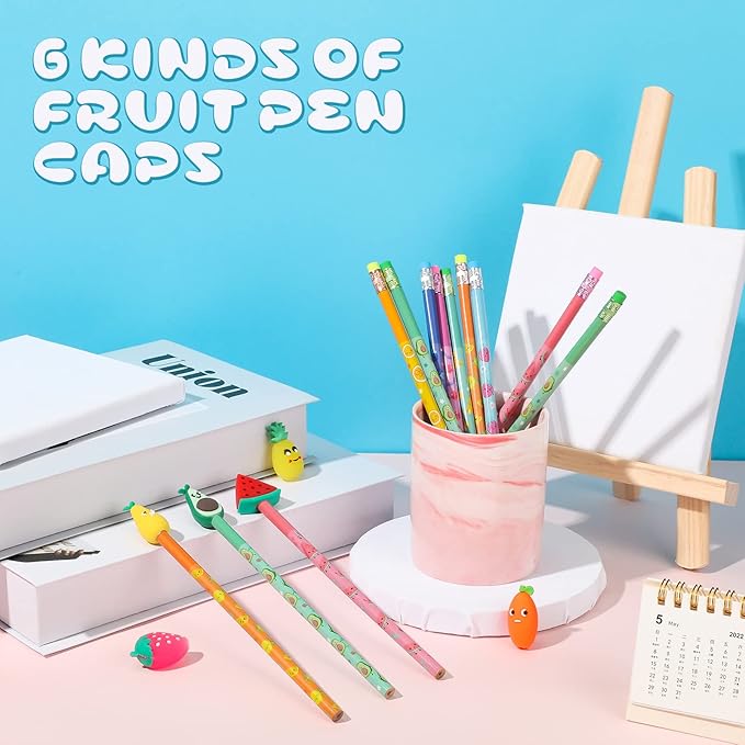 Leinuosen 30 Scented Cartoon Fruit Pencil Toppers with 12 Eraser