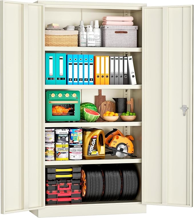 INTERGREAT Tall Metal Storage Cabinet Locking Steel with 4 Adjustable Shelves,72" Lockable Cabinets Lock 2 Doors for Office Garage Supply Home (Cream Grey)-DeskLoop Office
