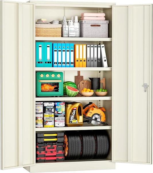 INTERGREAT Tall Metal Storage Cabinet Locking Steel with 4 Adjustable Shelves,72" Lockable Cabinets Lock 2 Doors for Office Garage Supply Home (Cream Grey)-DeskLoop Office