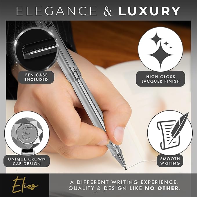 ELIZO Luxury Pen Fancy Chrome Silver Nice Gift Rollerball Cool Pens Best Schmidt Ink EDC Pen Executive Smooth Writing Pens for Men Women-DeskLoop Office