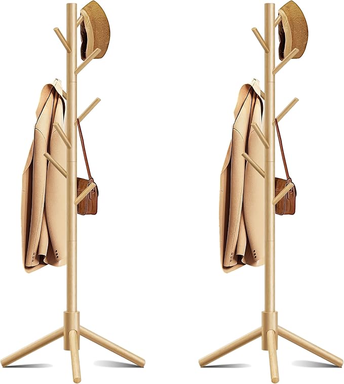 Wooden Coat Rack, Free Standing Coat Rack with 8 Hooks 3 Adjustable Heights for Clothes, Hats, Handbags, Coat Tree Easy Assembly for Entryway, Bedroom, Hallway, Office(2PCS)-DeskLoop Office
