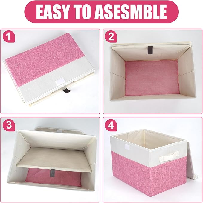 Large 22 Quart Linen Fabric Foldable Storage Bin Cube Organizer Basket with Flip-Top Lid & Handles, Clothes Blanket Box for Home, Office, Closet, Pink & White, 4 Pack 14.6 x 9.5 x 9.5-DeskLoop Office
