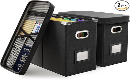 Oterri File Organizer Box with Lid, Hanging Filing File Box with Mesh Pocket, Document Organizer Box for Letter Files, Portable Storage Box with Smooth Sliding Rail for Office&Home (2 PCS, Black)-DeskLoop Office