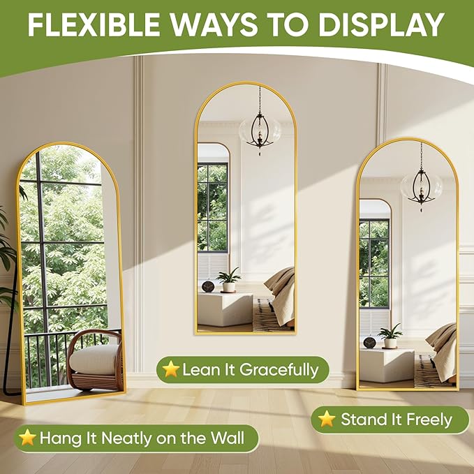 Full-Length Floor Mirror with Stand, 58"x21" Arched Style Full Body Standing Mirror for Bedroom, Living Room, Gym, Dorm - Shatter-Resistant & Easy Assembly, Gold-DeskLoop Office