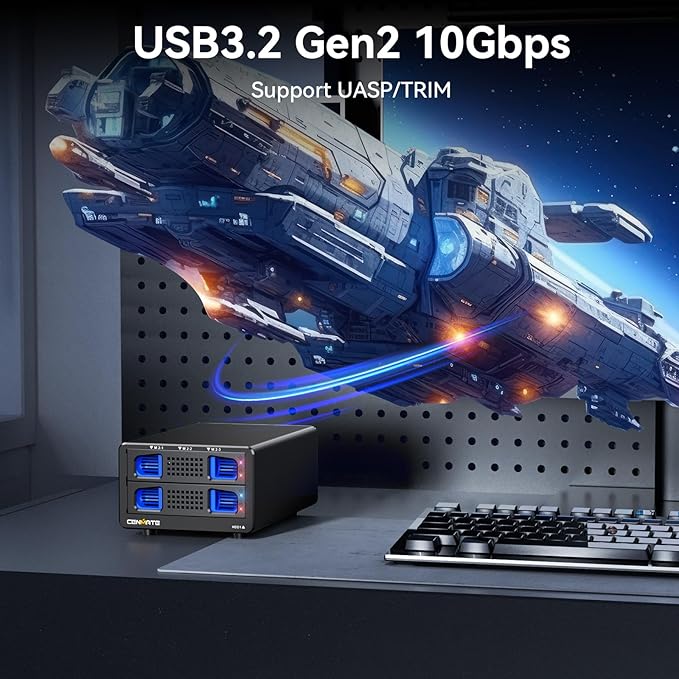 Hybrid 2.5/3.5" SATA HDD/SSD+3* M / B+M Key M.2 NVMe Enclosure with Cooling Fan and USB A/C 3.2 Gen 2 (10Gbps), Hard Drive Enclosure Support 46TB(22TB HDD+3*8TB 2230/2242/2260/2280/22110 SSDs)-DeskLoop Office