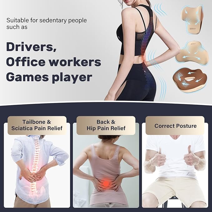 Coverado Seat Cushion and Lumbar Support Headrest Pillow for Car Office Chair, Ergonomic Memory Foam Chair Cushion Back Neck Support Pillow, Sciatica & Back & Tailbone Pain Relief Cushion-Beige-DeskLoop Office