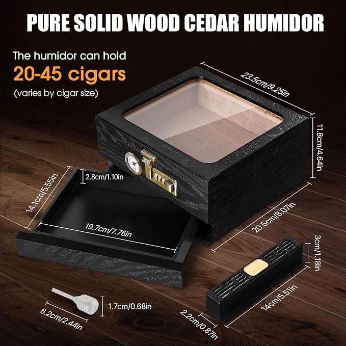 Tesonway Cigar Humidor, Cedar Wood Humidor Cigar Box, Glass Top Desktop Humidor - Image 4