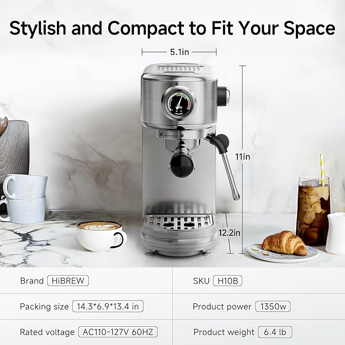 HIBREW H10B - 51mm Espresso Machine - Temperature & Cup Volume Adjustable at will - With Intelligent Display Screen & Pressure Gauge - Stainless Steel Body(Metallic Grey)-DeskLoop Office